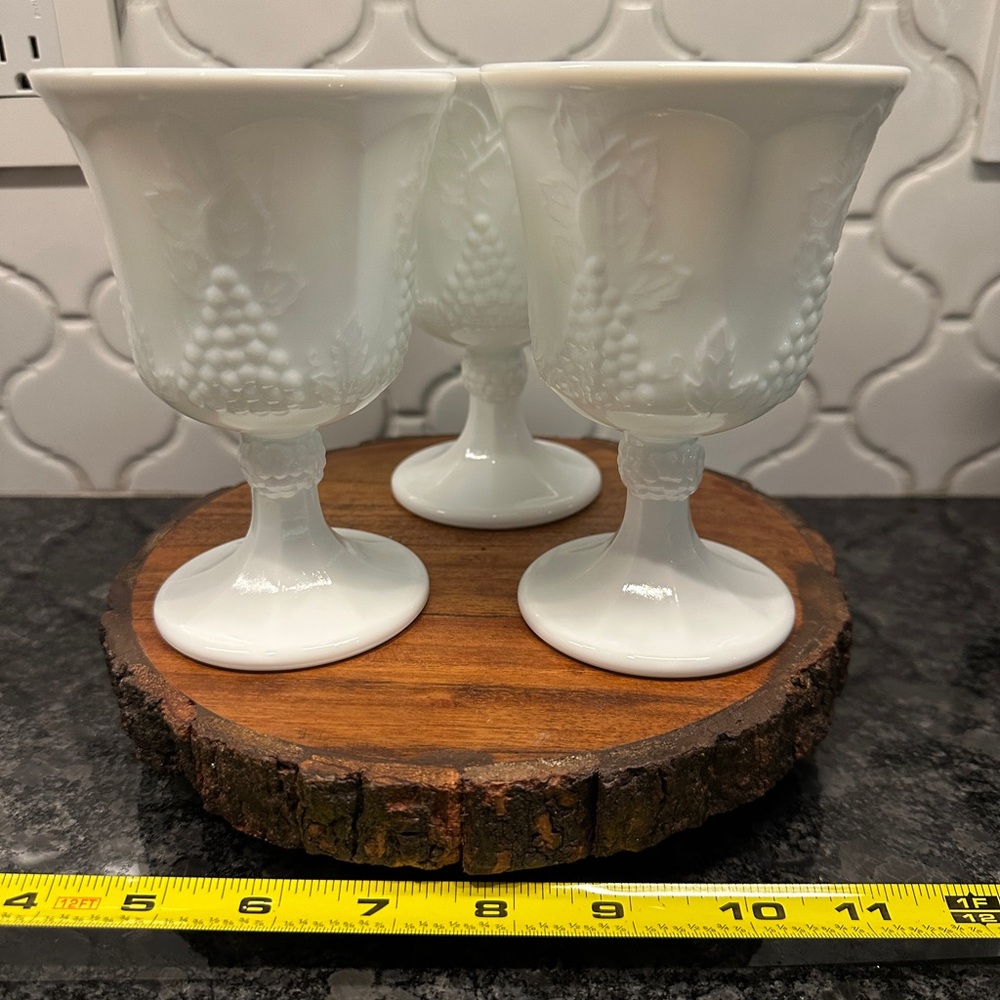 Vintage set of 3 milk glass White Embossed Goblets